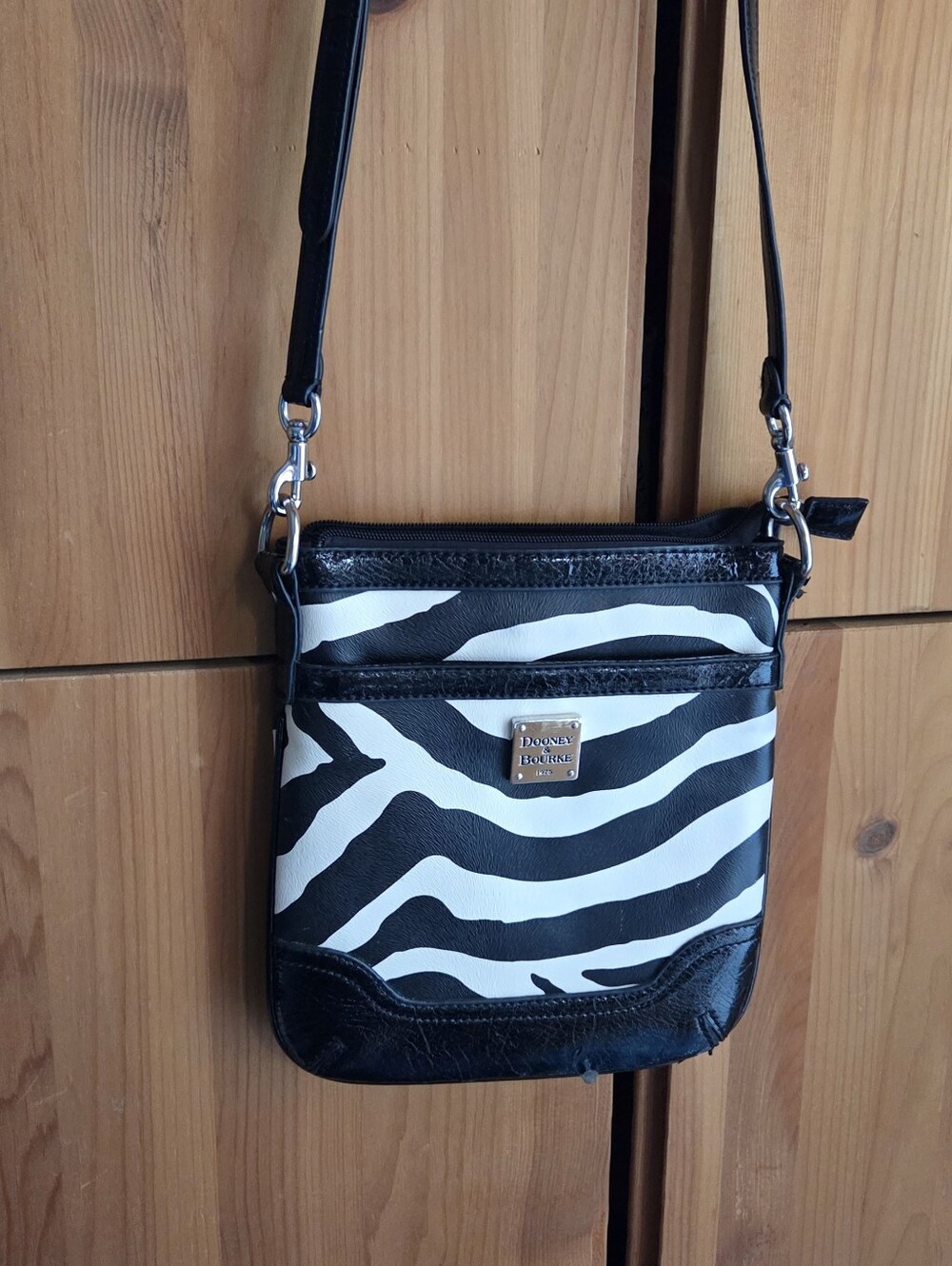 Dooney & Burke Black & White Zebra Print Letter Carrier Crossbody Bag